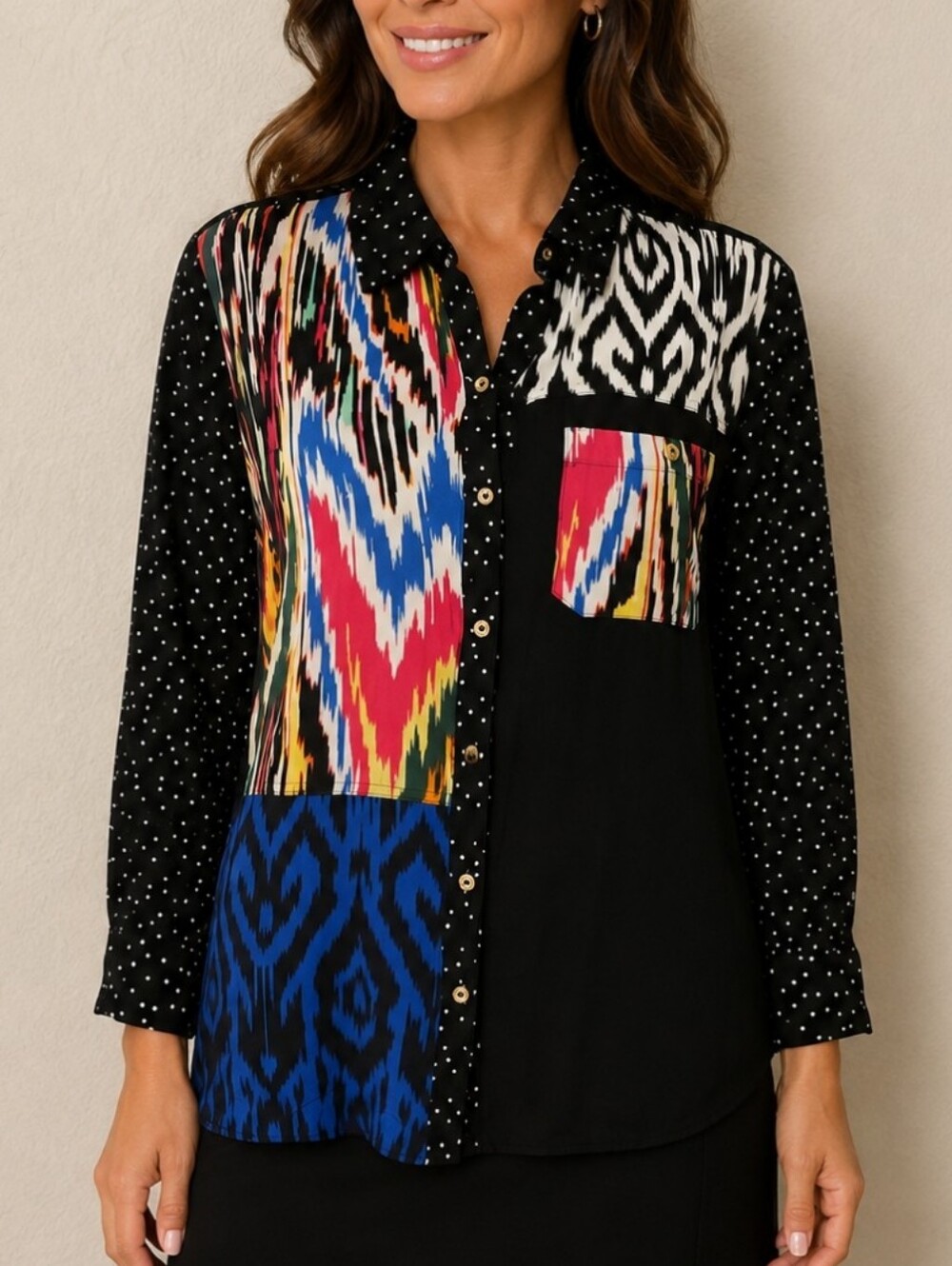 CALESSA Rainbow Polka Dot Print Patchwork Colorblock Button Down Shirt